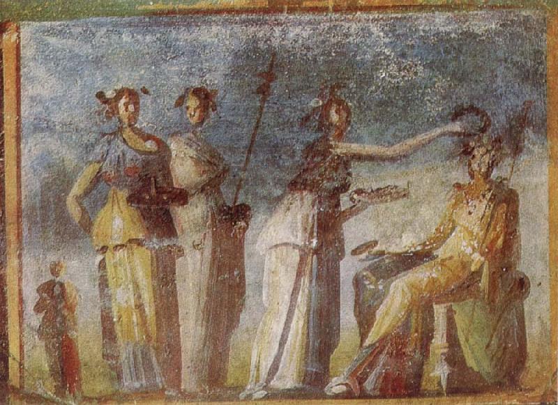 unknow artist Wall painting from Herculaneum showing in highly impres sionistic style the bringing of offerings to Dionysus